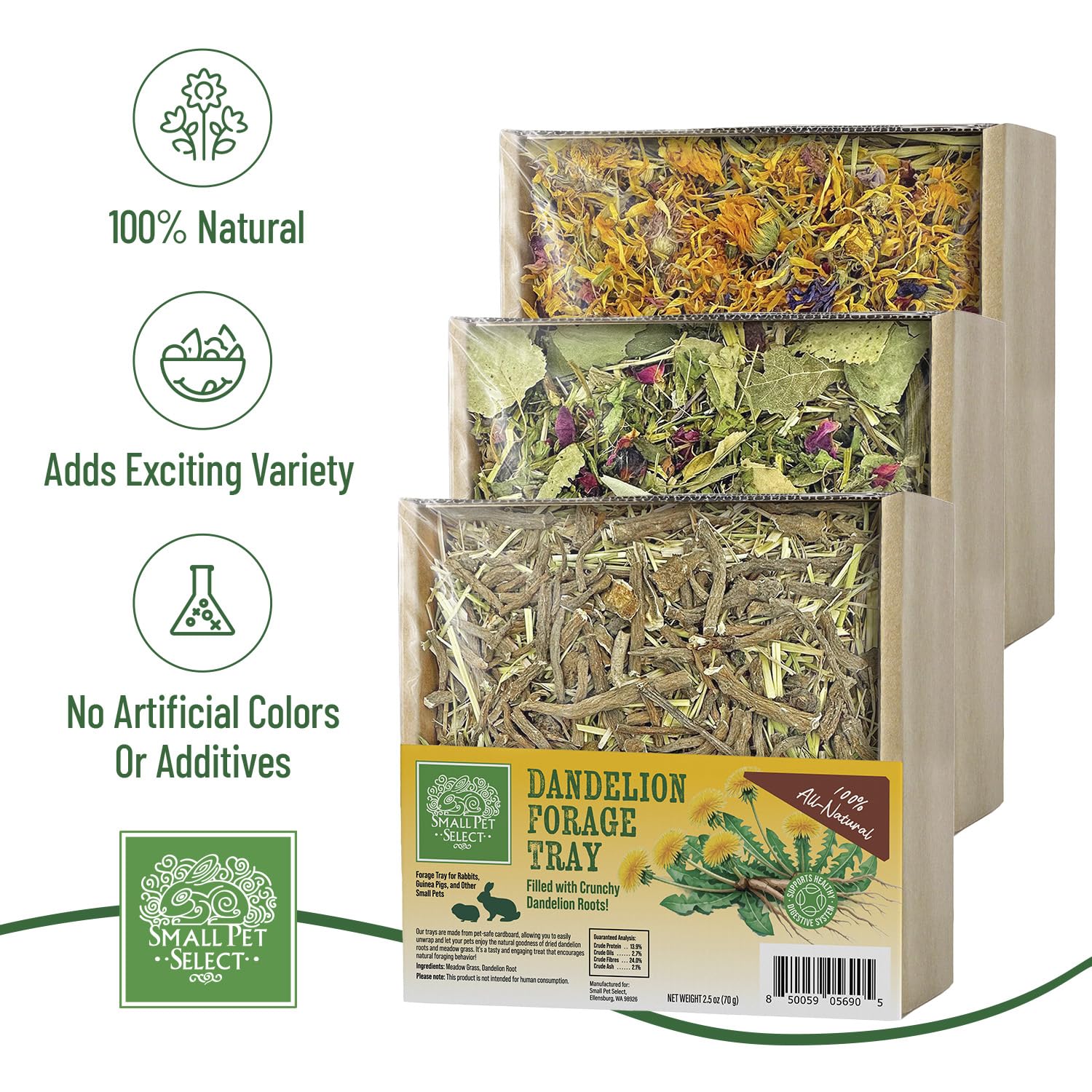 Small Pet Select forage tray bundle dandelion mix displayed for wholesome, earthy snacking.
