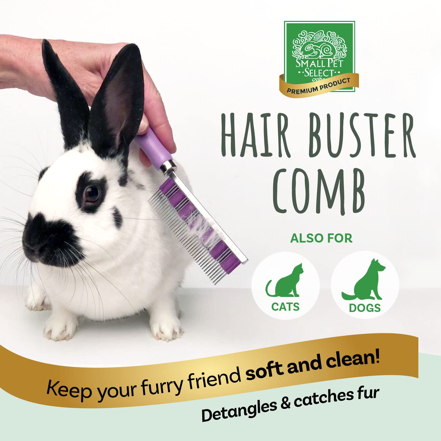 Small Pet Select Hair Buster Comb in hand showing ergonomic wooden handle for comfortable gripping