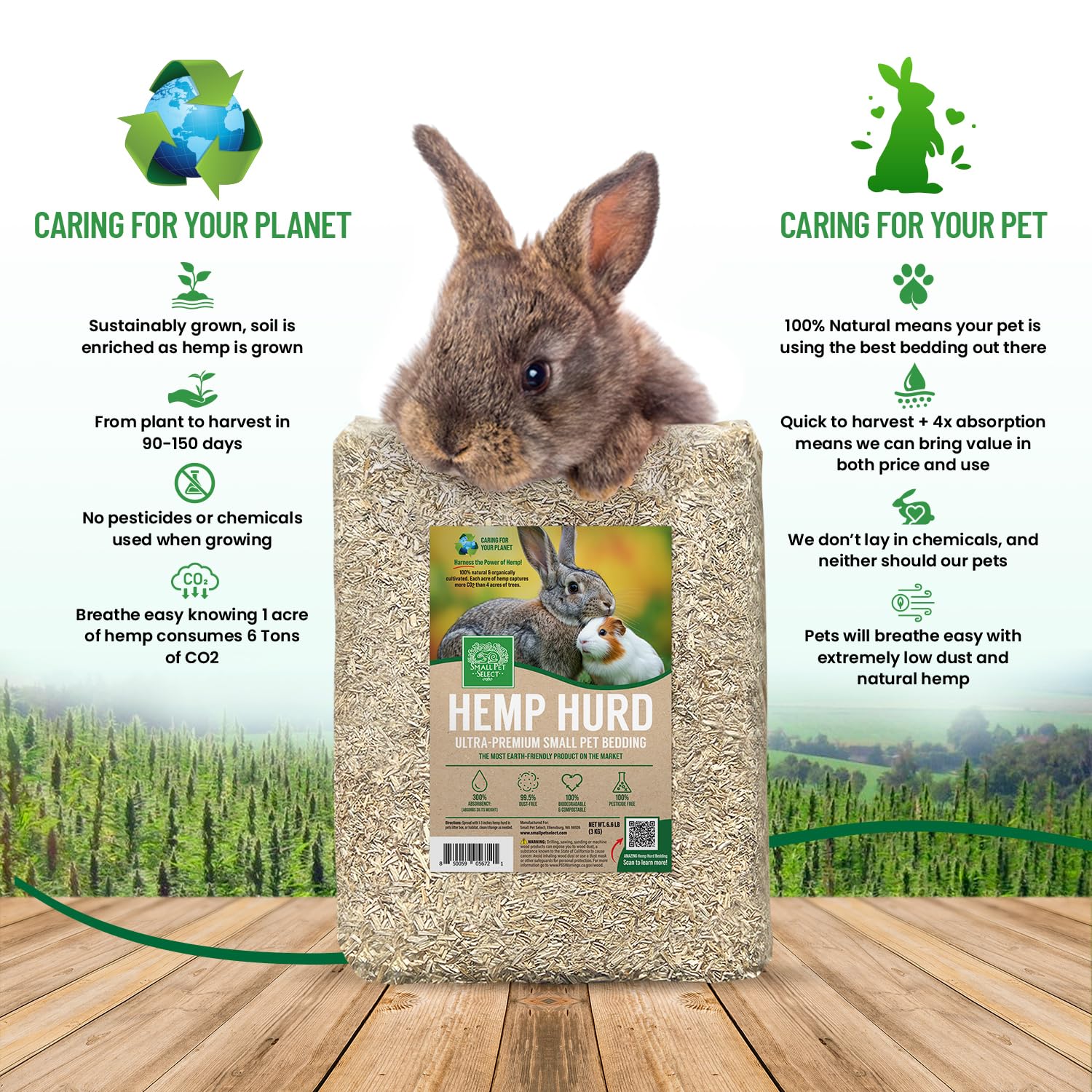 Small Pet Select Hemp Hurd Bedding is biodegradable and compostable for eco-friendly disposal.