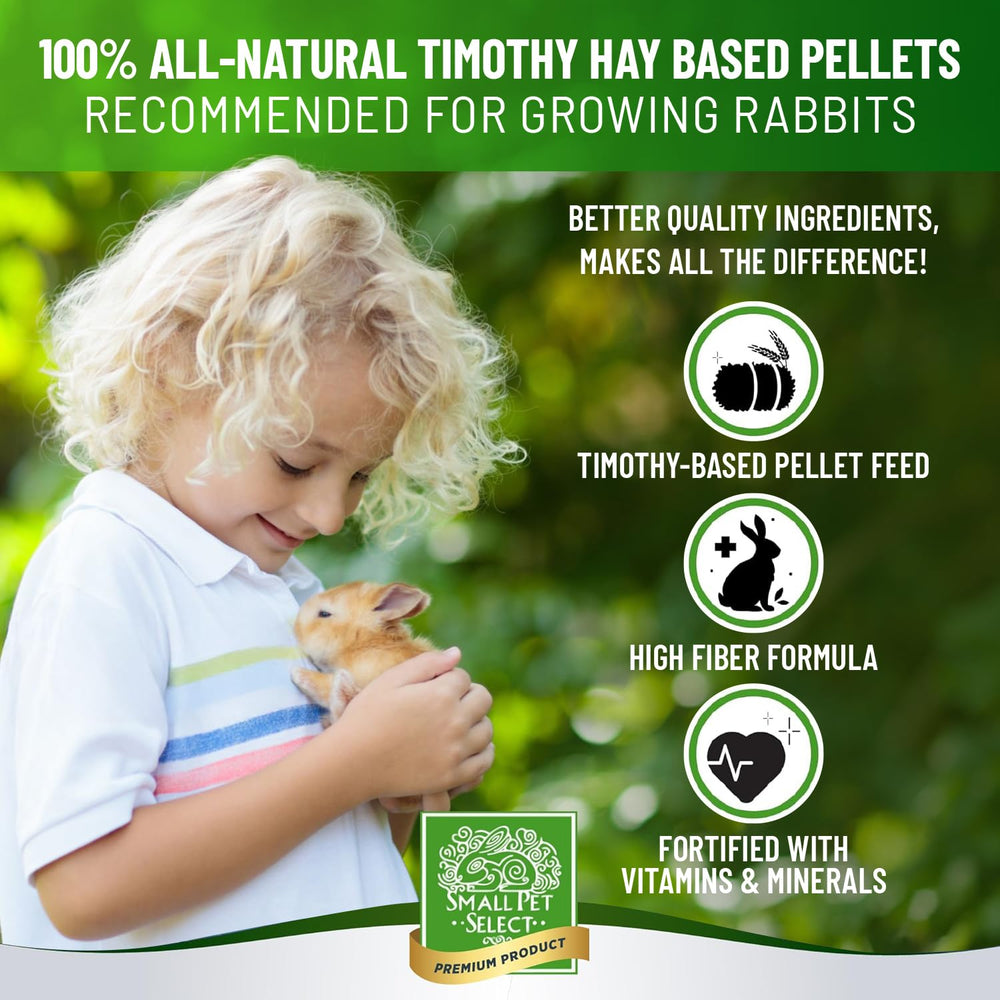 Small Pet Select high-fiber Timothy hay base supports growing rabbits.