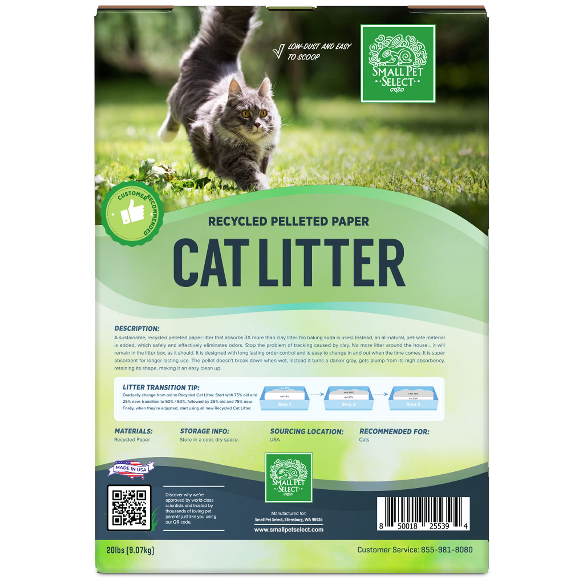 Small Pet Select USA-made packaging highlighting recycled paper origins.