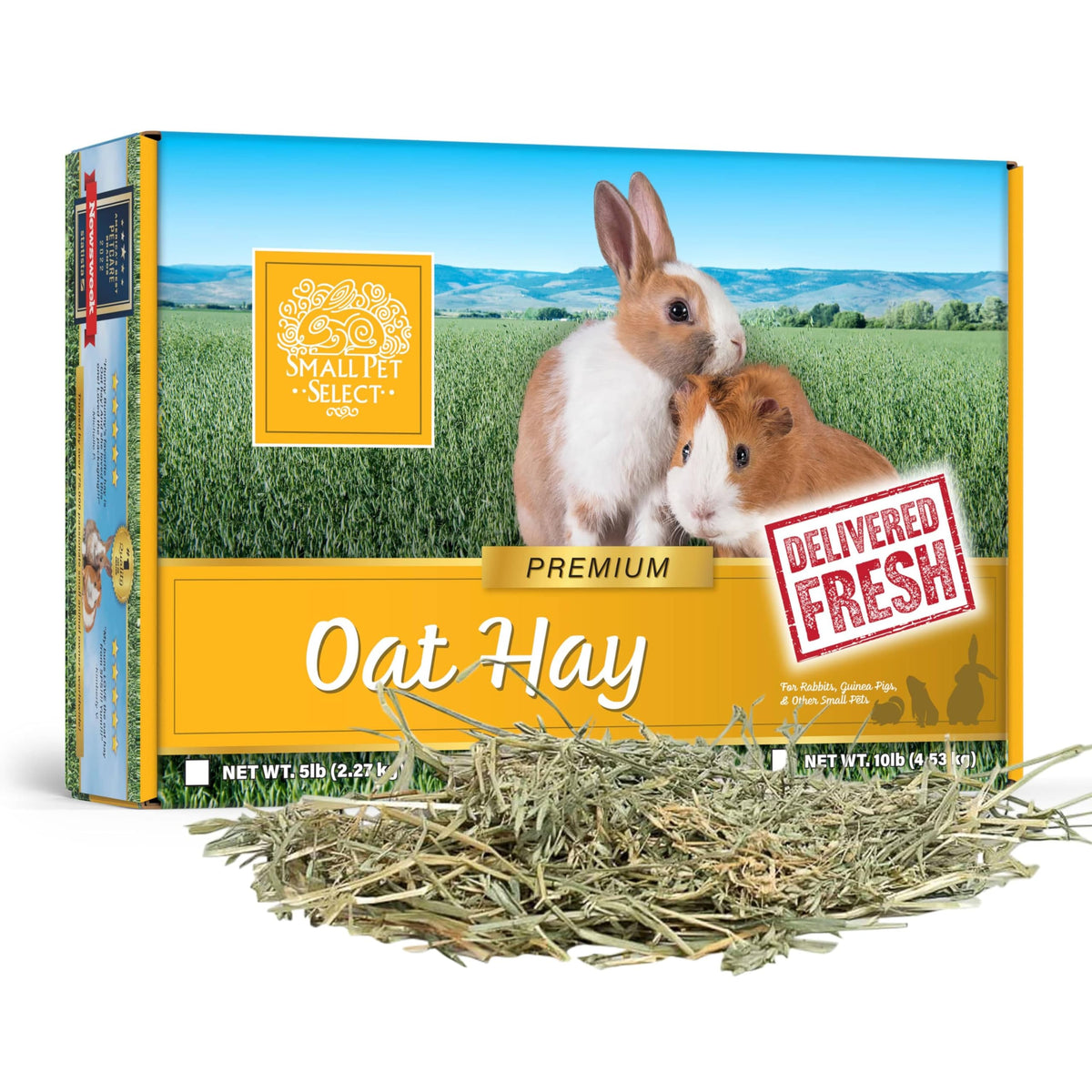 Small Pet Select Oat Hay bag front, premium forage option for enrichment.