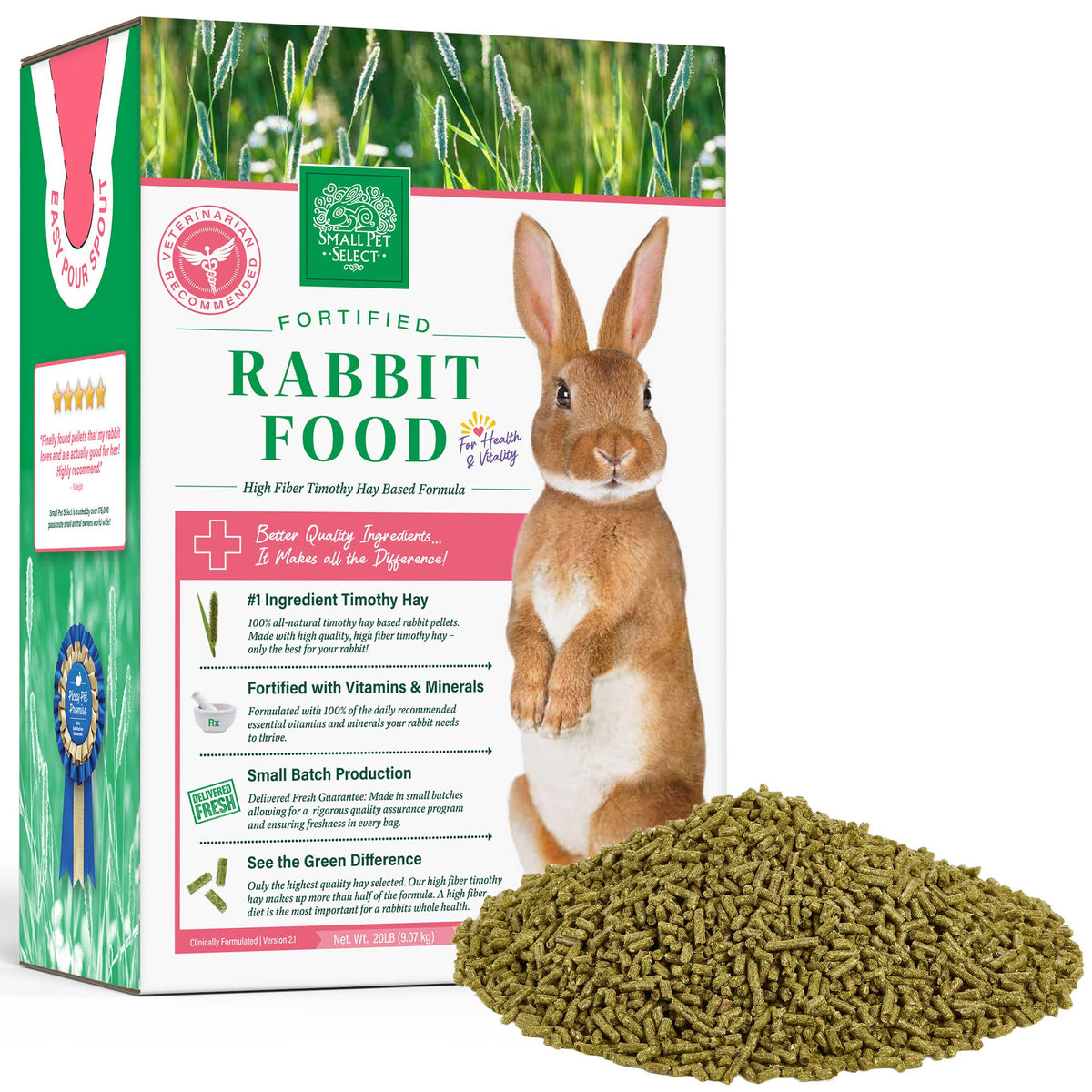 Small Pet Select rabbit food pellets bag highlights high-fiber formula for digestive health