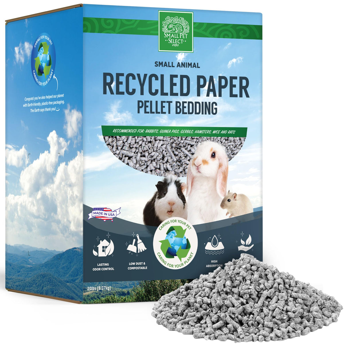 Small Pet Select recycled paper pellets close-up showing high absorbency.