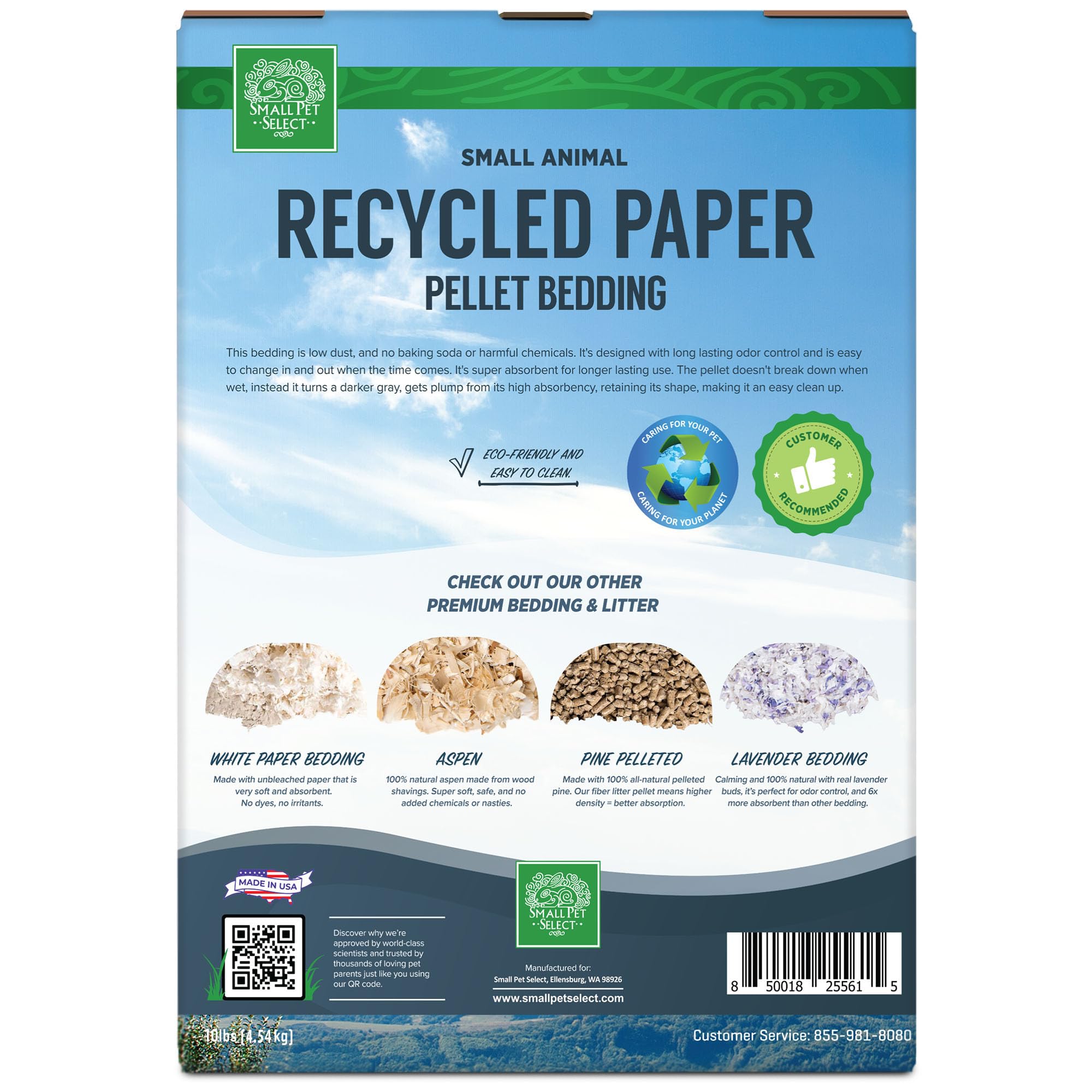 Small Pet Select recycled paper pellet bedding 99% dust-free formula supports quiet breathing