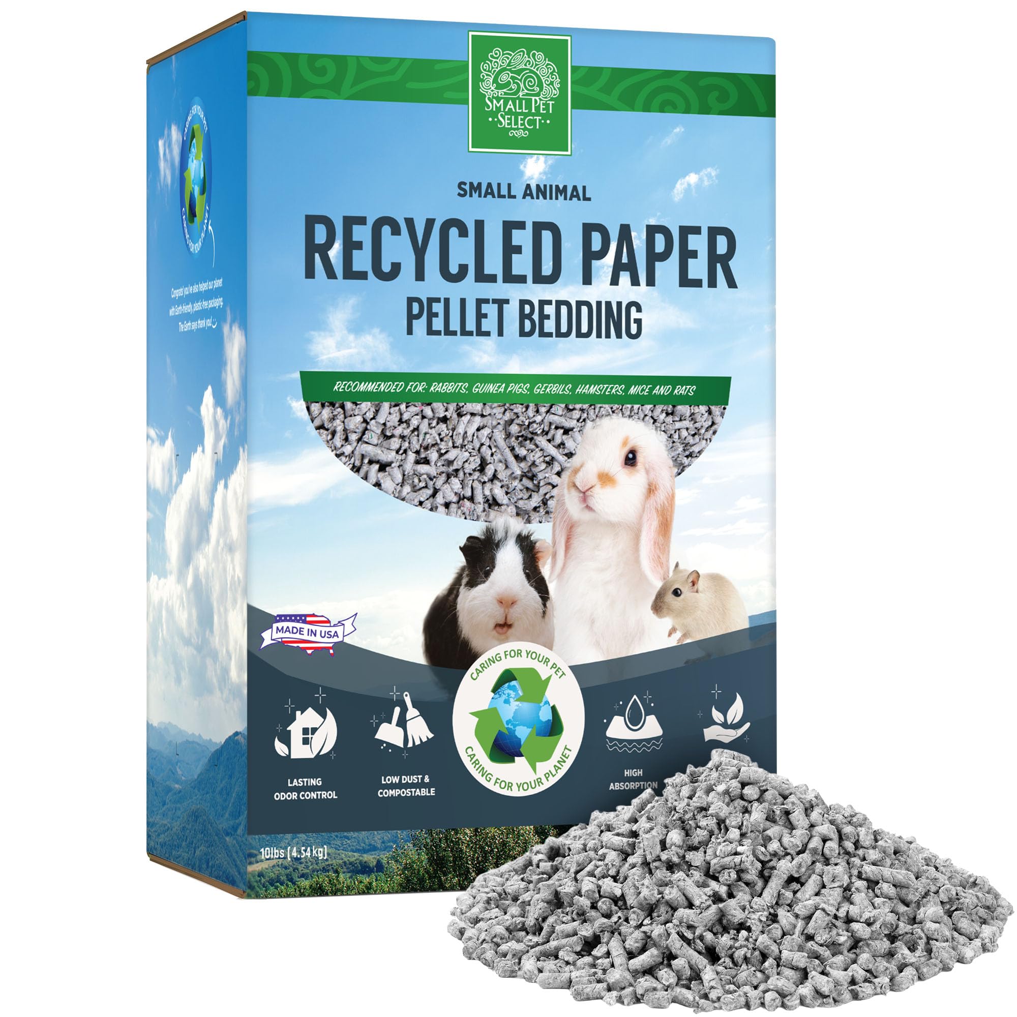 Small Pet Select recycled paper pellet bedding packaging, clean and eco-friendly for easy cage setup