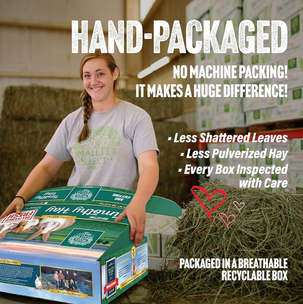 Small Pet Select sampler box delivery image, fresh, minimally handled hay delivered to your door