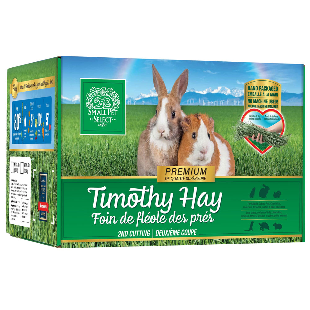 Small Pet Select second-cutting Timothy hay box showing balanced fiber for healthy teeth