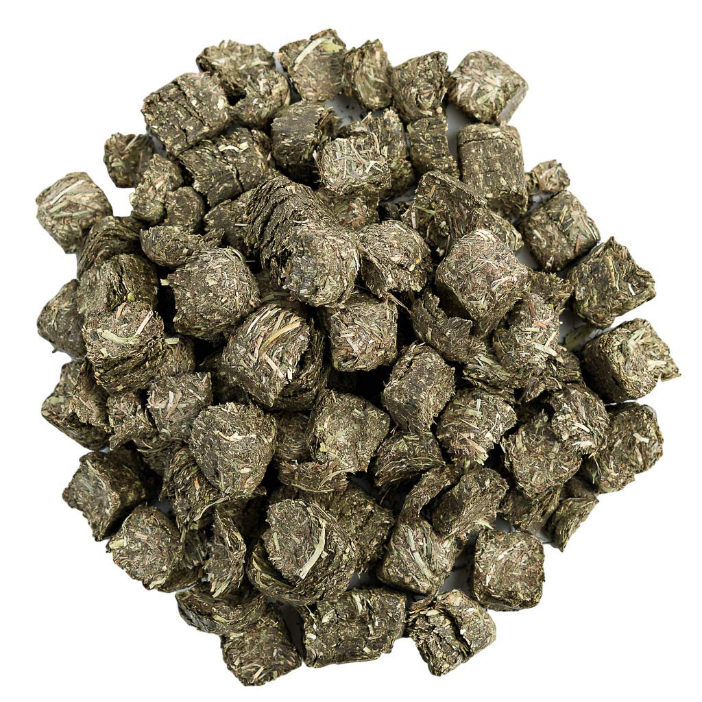 Small Pet Select Straight Timothy Cubes closeup, vibrant green hay for nibbling.