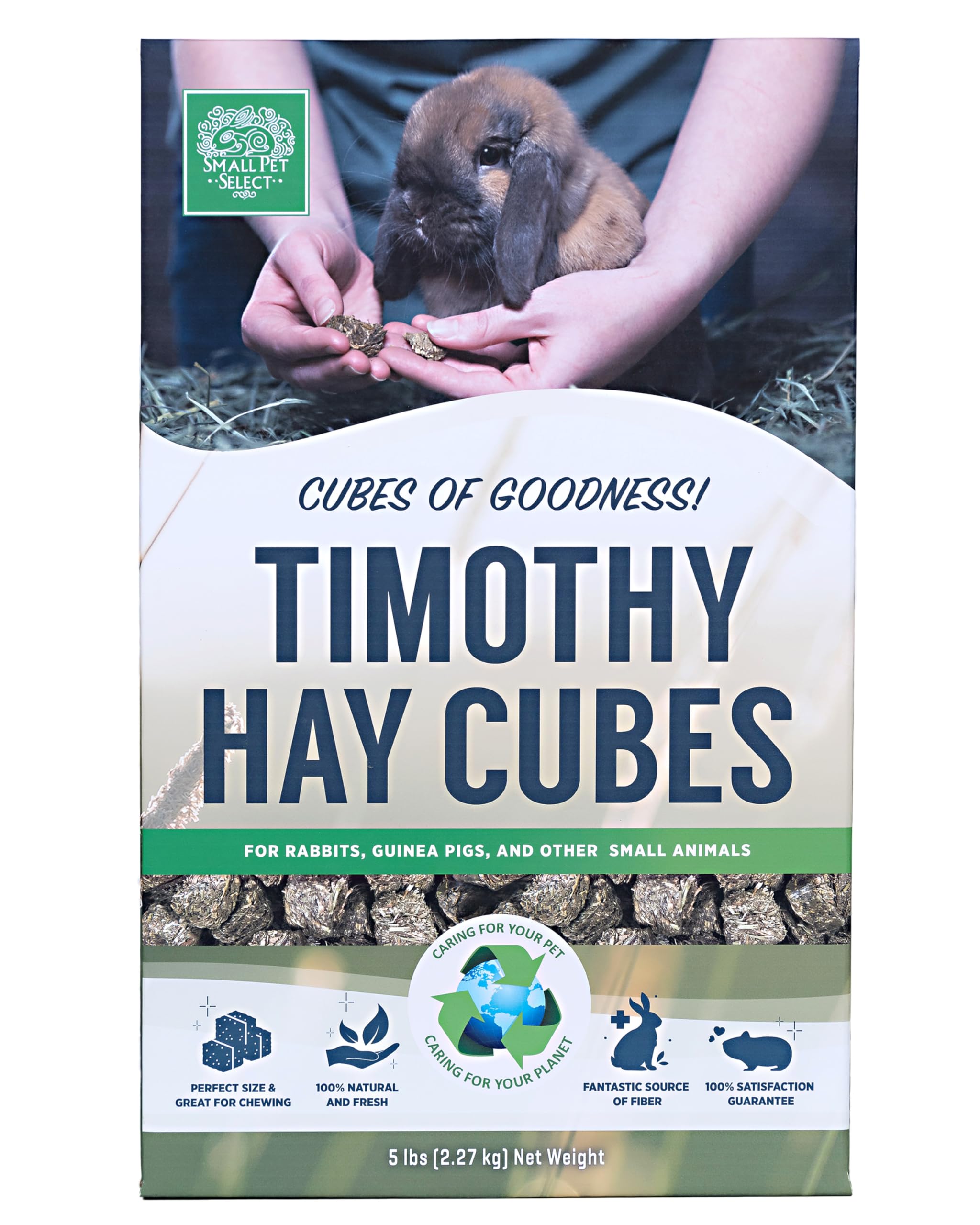 Small Pet Select Straight Timothy Cubes in use, reduces mess during feeding.