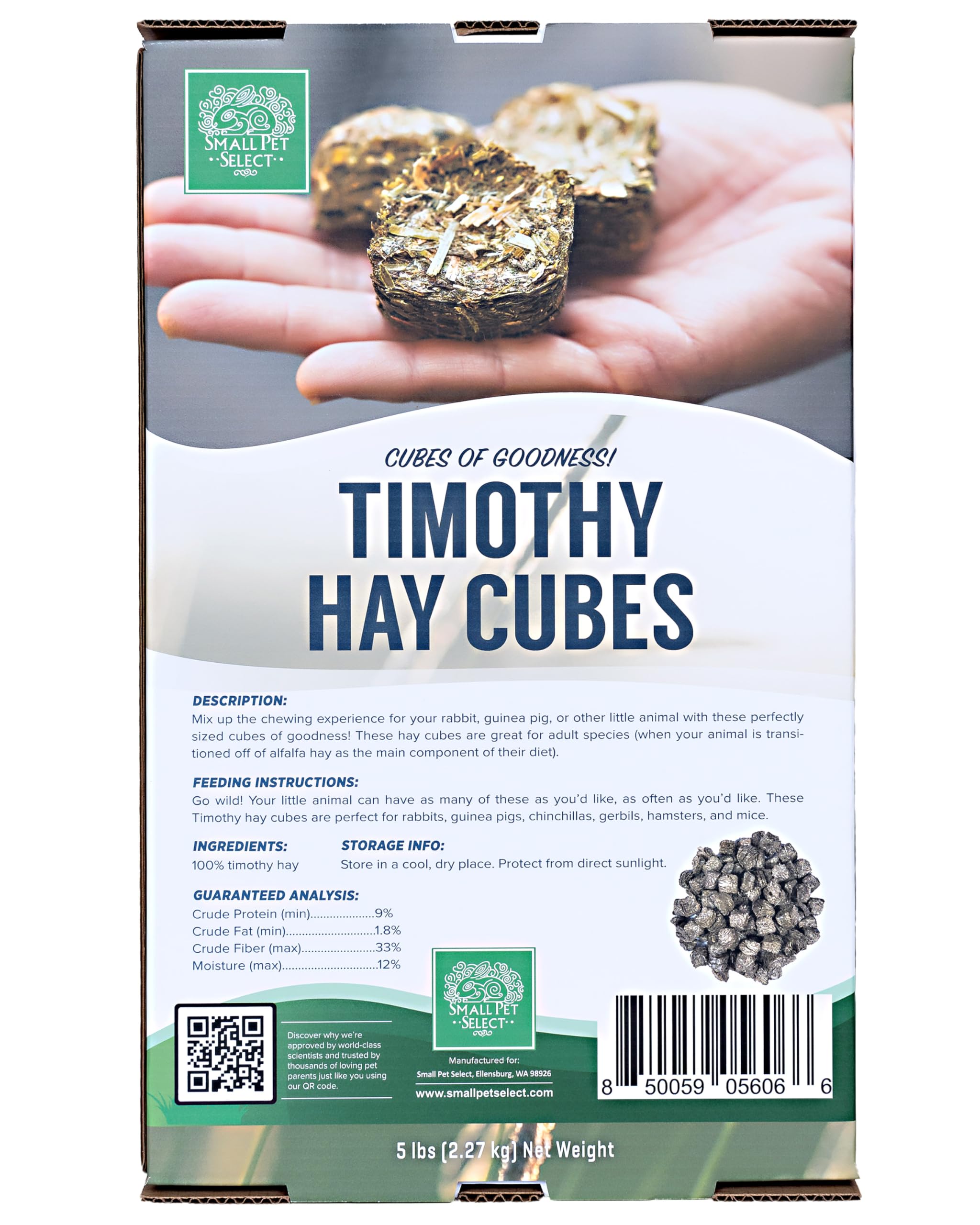 Small Pet Select Straight Timothy Cubes small-size, easy chewing for tiny pets.
