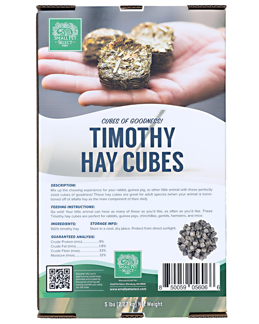 Small Pet Select Straight Timothy Cubes small-size, easy chewing for tiny pets.
