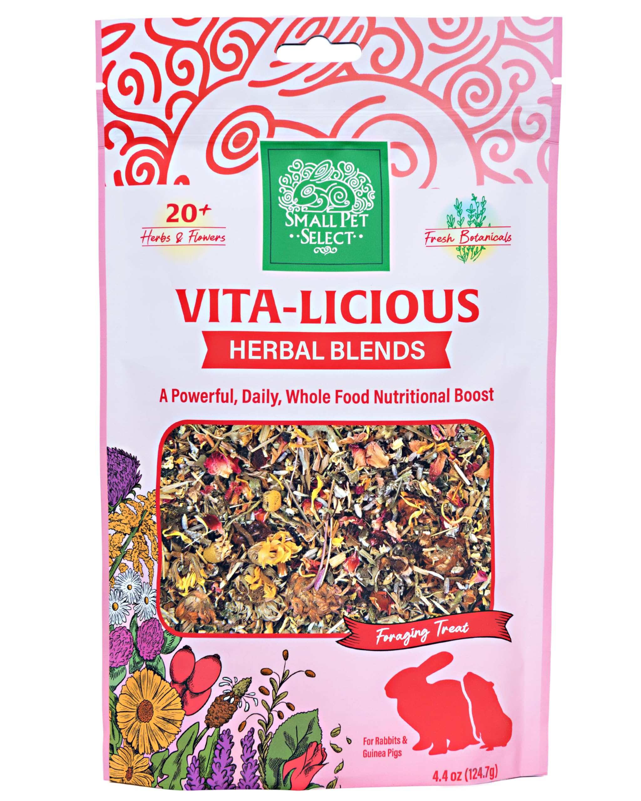 Lifestyle shot of a small pet enjoying Vita-Licious Essentials herbal blend as part of variety.