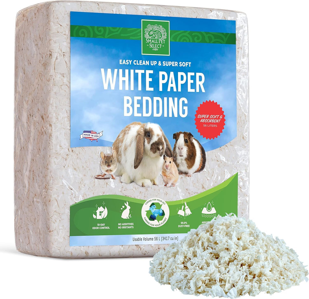 Small Pet Select white paper bedding shown in a 56L bag for easy spot cleaning.