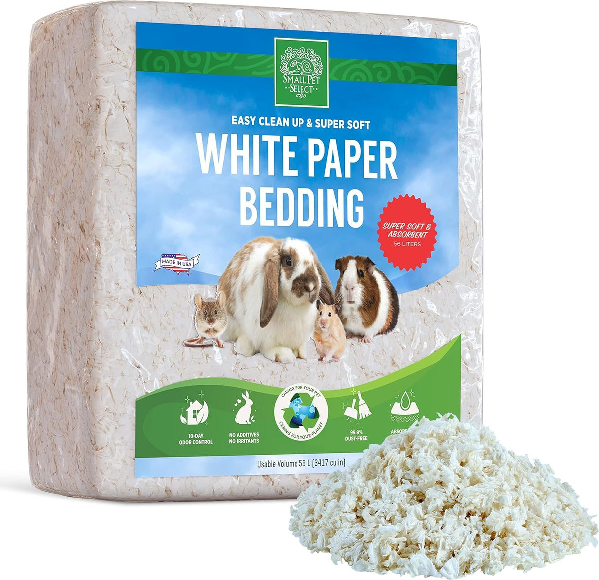 Small Pet Select white paper bedding shown in a 56L bag for easy spot cleaning.