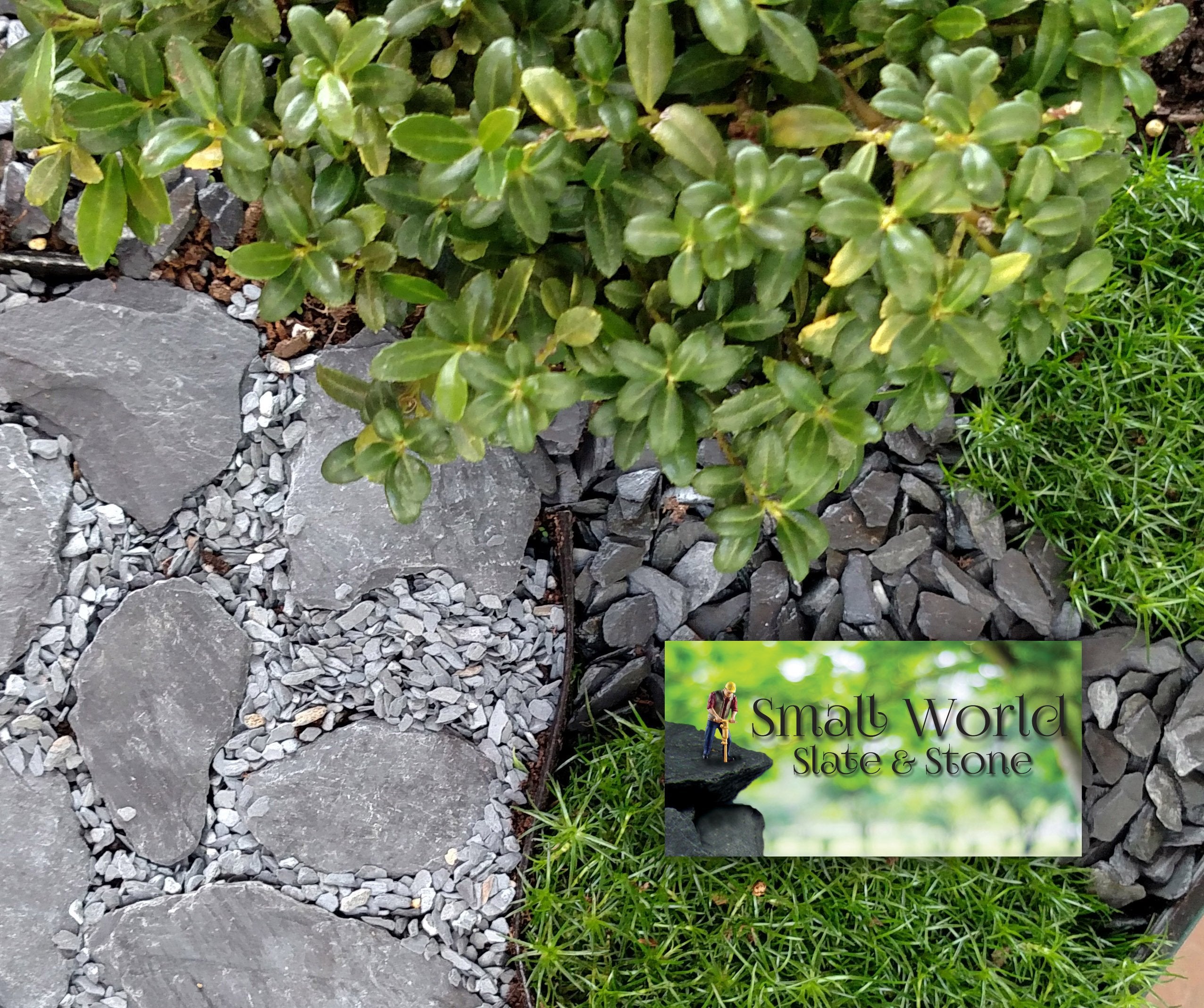Small World Slate & Stone washed, USA-packaged stones emphasize domestically sourced quality.