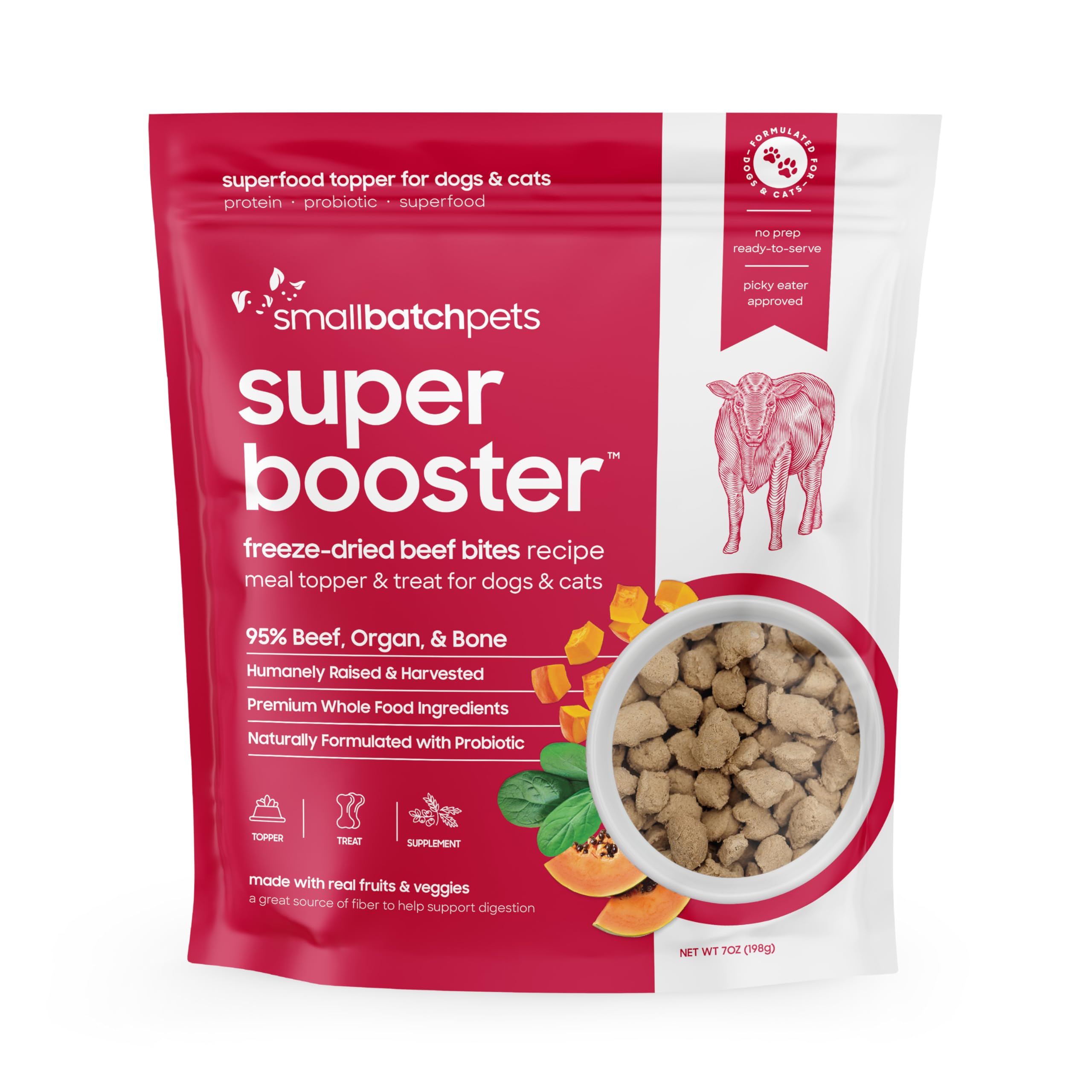 Smallbatch Freeze Dried Beef Bites bag highlights high-protein, grain-free treats for pets.