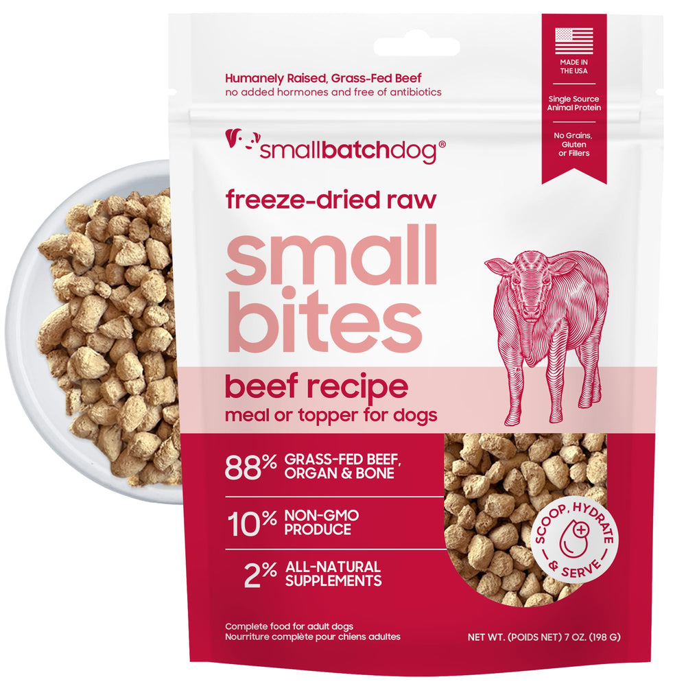 Smallbatch Freeze-Dried Beef Dog Food front packaging highlights USA-made, grain-free nutrition.