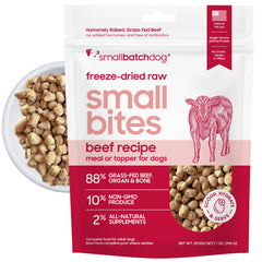 Smallbatch Freeze-Dried Beef Dog Food front packaging highlights USA-made, grain-free nutrition.