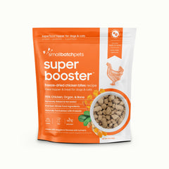 Smallbatch freeze-dried dog treats bites close-up, high-protein chicken for active pets.