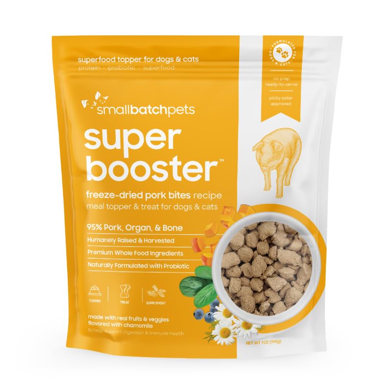 Smallbatch freeze-dried dog treats packaging highlights protein-rich, grain-free nutrition.