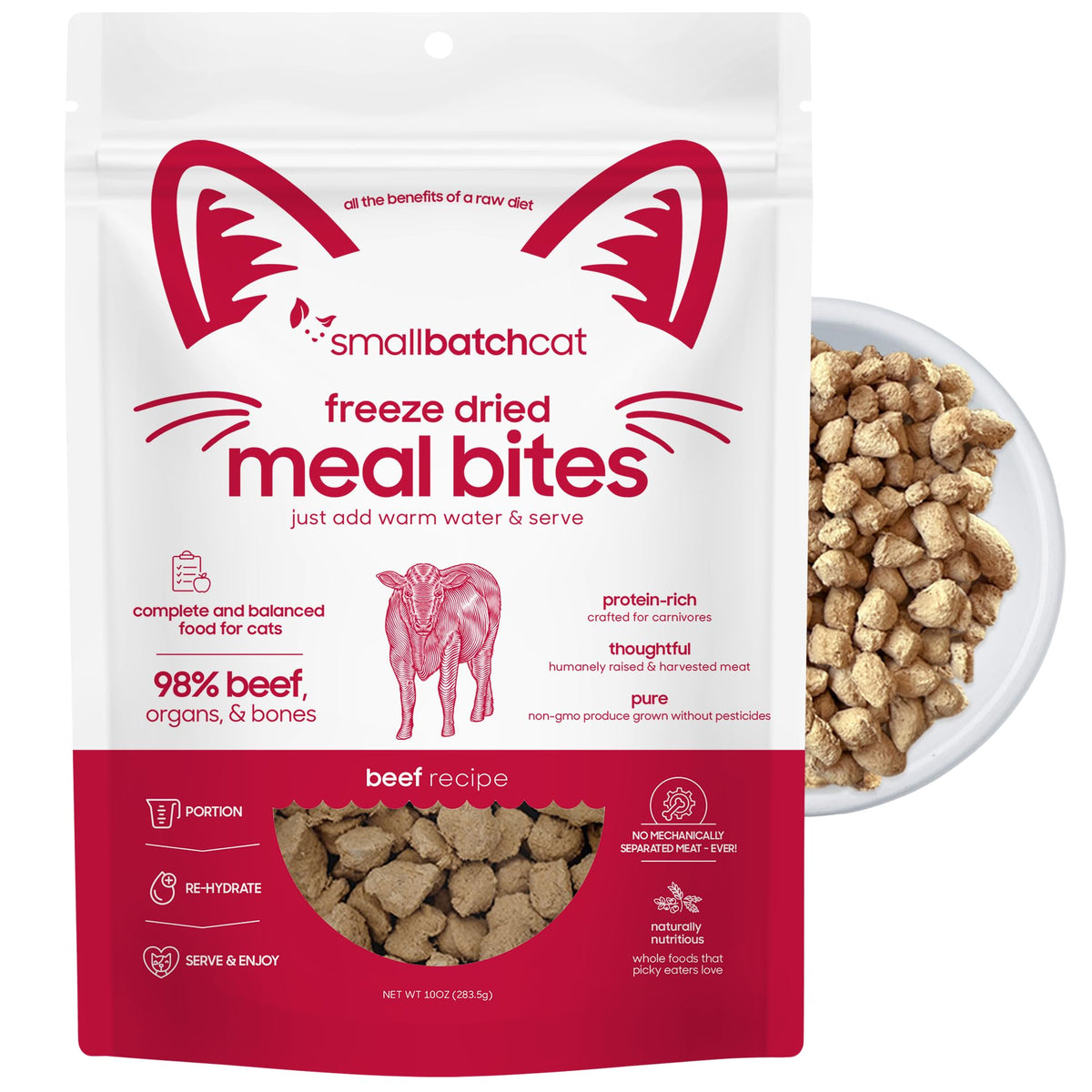 Smallbatch Freeze-Dried Raw Cat Food beef recipe in bag, high-protein option for carnivore cats.