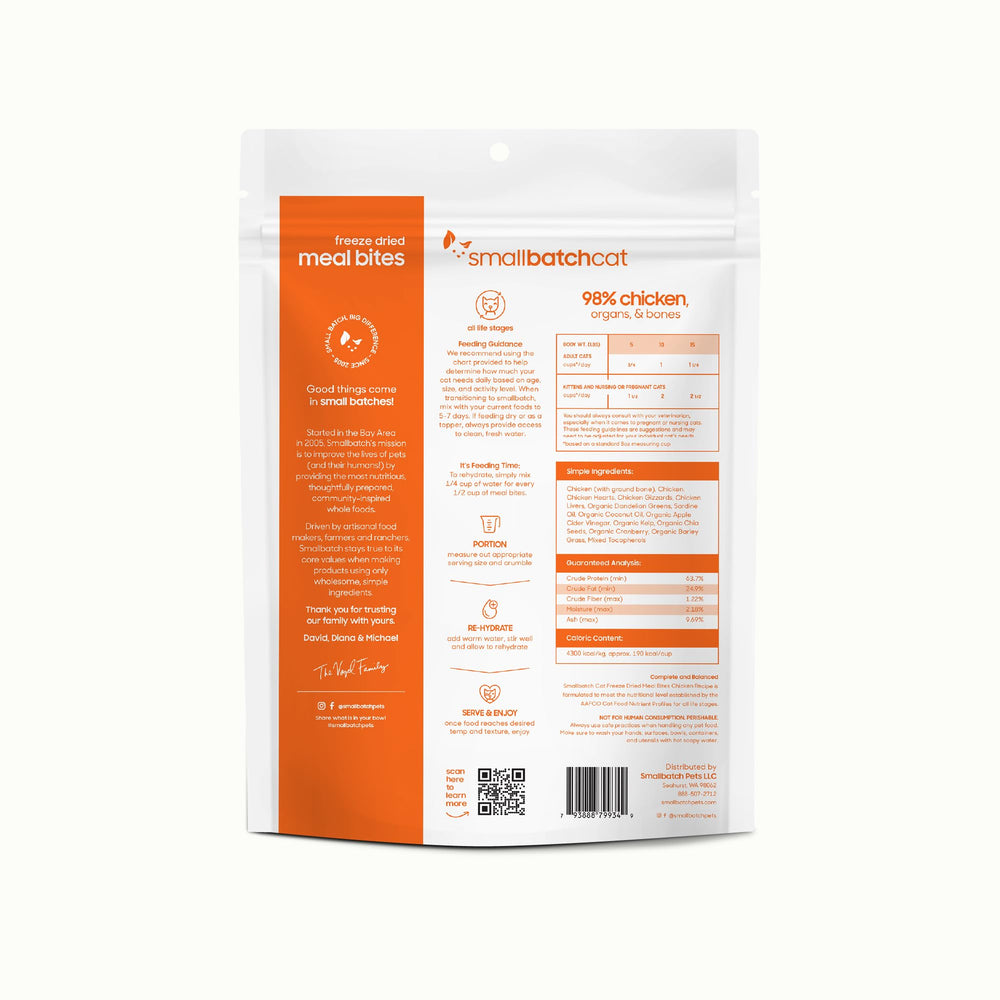 Smallbatch freeze-dried raw cat food bites close-up shows protein-rich texture.