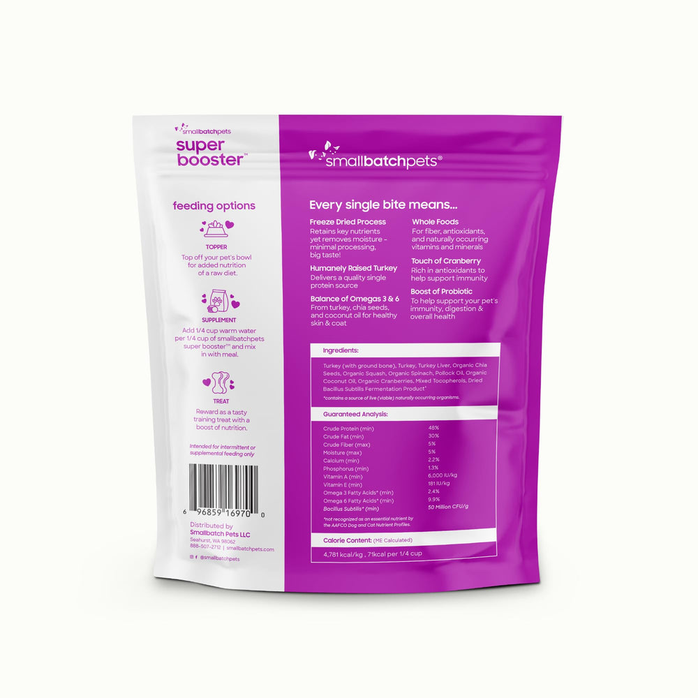 Smallbatch freeze dried turkey treats bag back highlights ingredients and usage