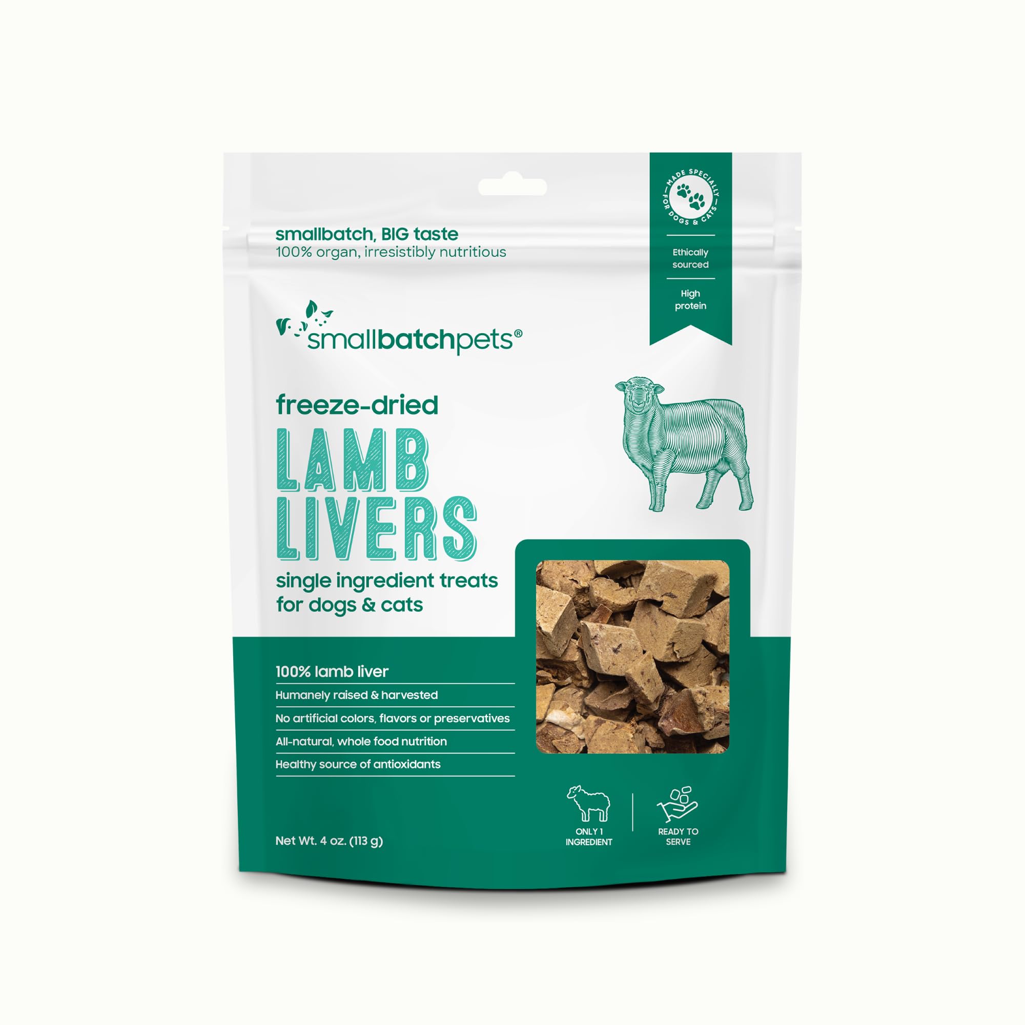 Smallbatch lamb liver treats packfront showing single-ingredient packaging