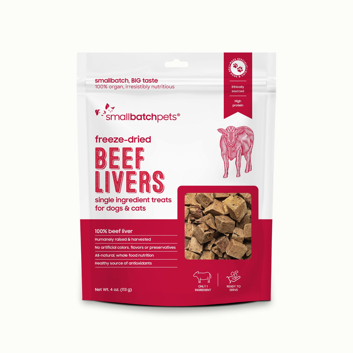 Smallbatch freeze dried beef liver treats packaging front, highlighting natural protein and USA origin