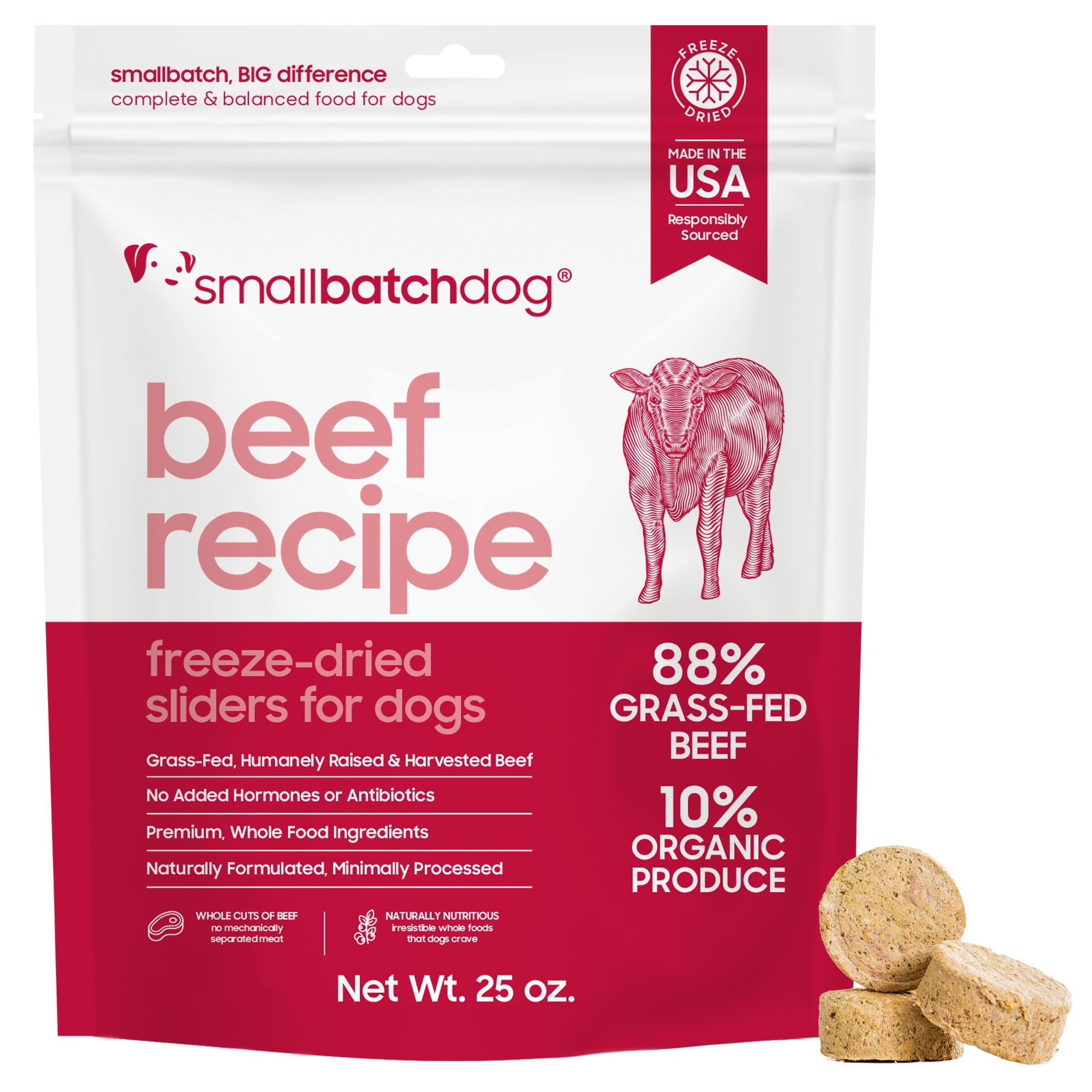 Smallbatch Pets beef-recipe freeze-dried bag showing convenient packaging for quick meals.