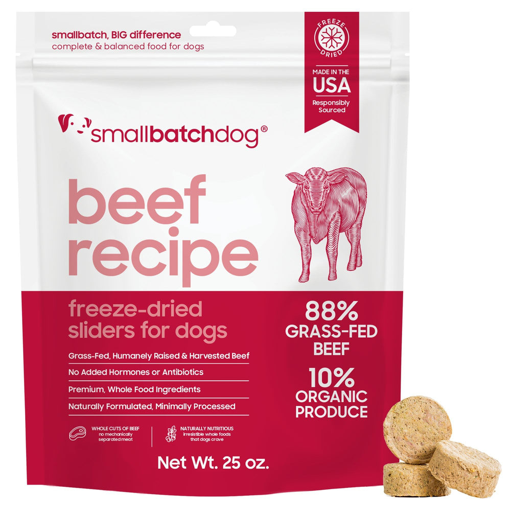 Smallbatch Pets beef-recipe freeze-dried bag showing convenient packaging for quick meals.