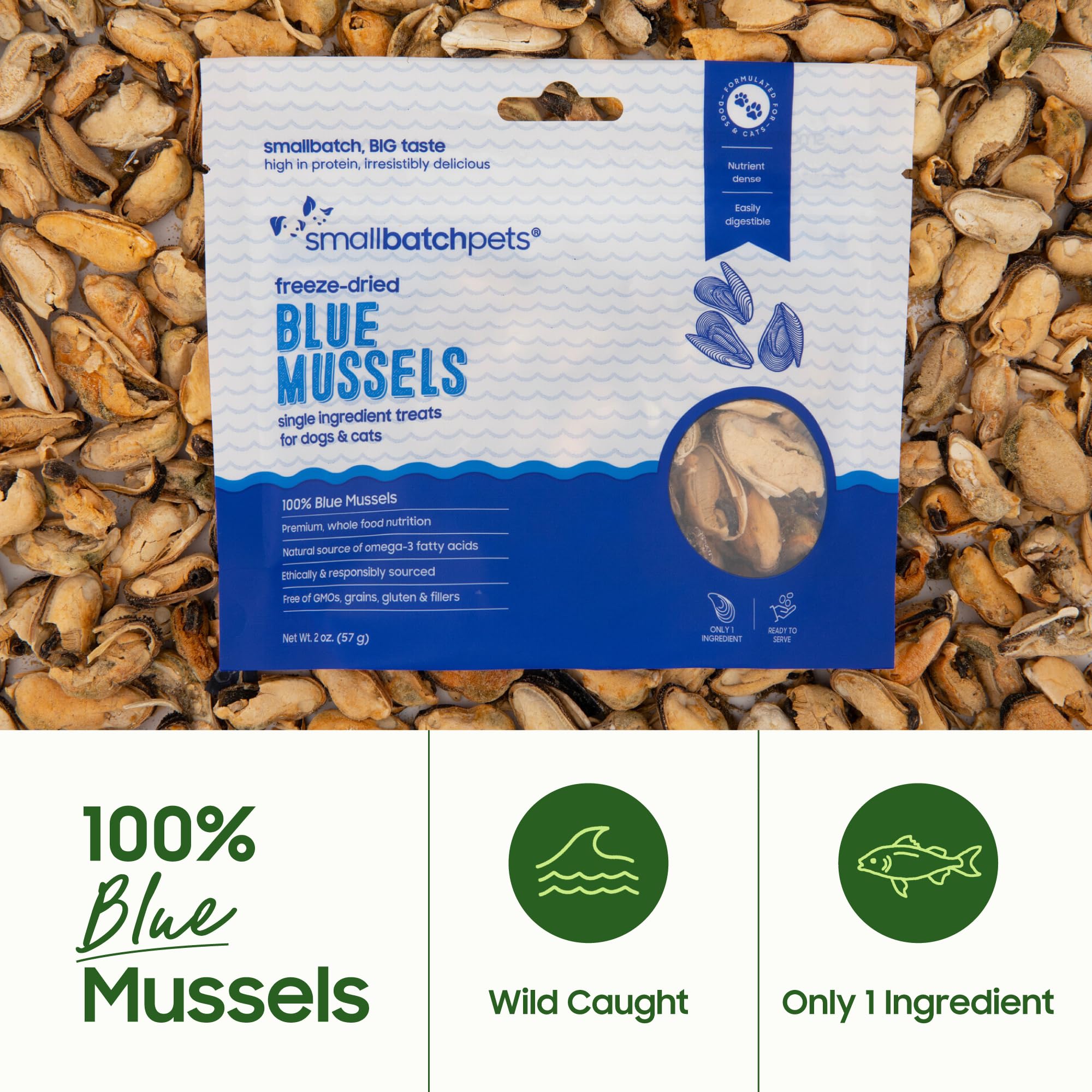 Smallbatch Pets blue mussels treat closeup highlights crunchy freeze-dried texture.