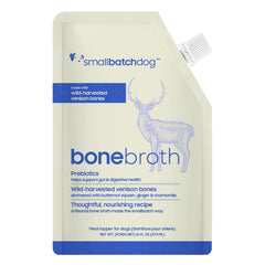 Smallbatch Pets bone broth venison 16oz bottle enhances hydration and palatability for dogs.