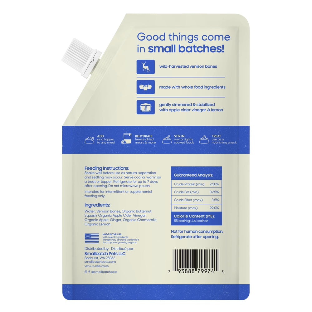 Smallbatch Pets bone broth venison label closeup emphasizes organic ingredients and prebiotic benefits.