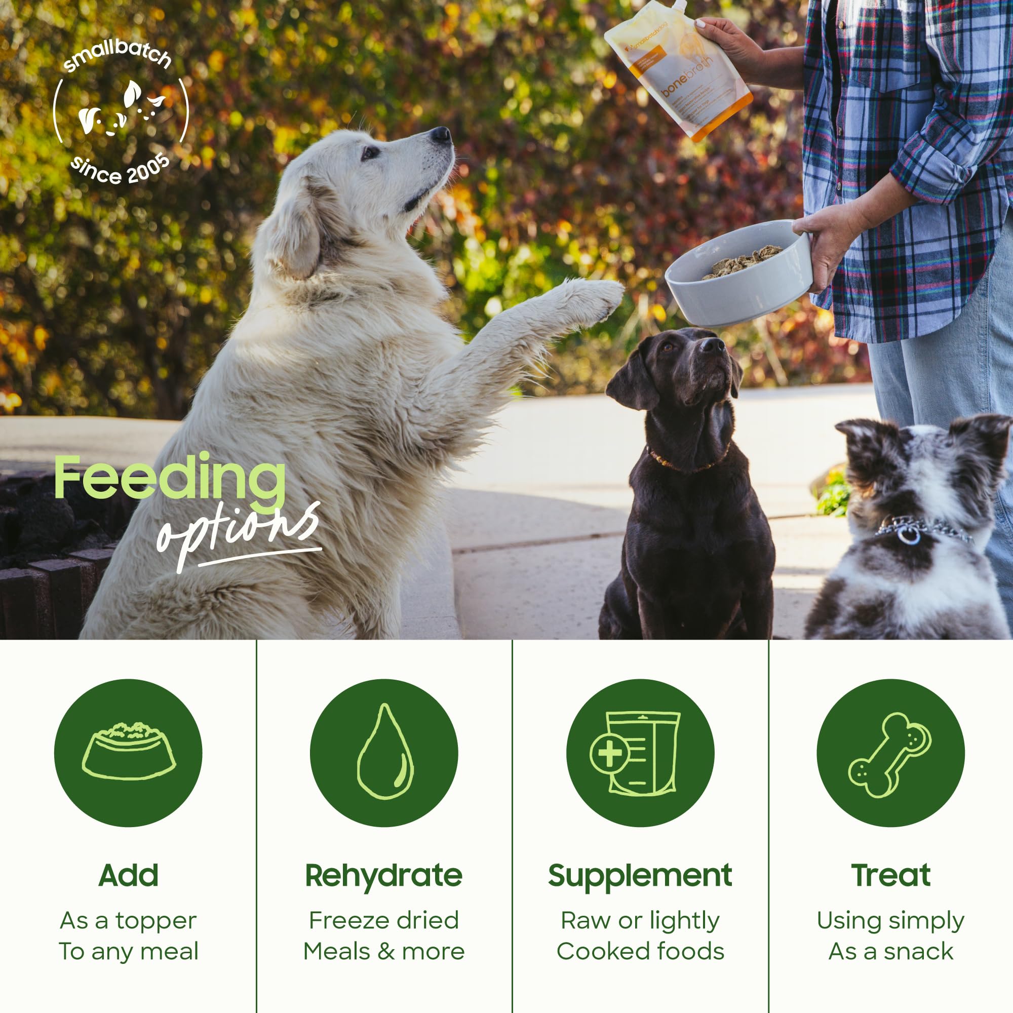 Smallbatch Pets bone broth venison open pack showcases organic ingredients and shelf-stable convenience.