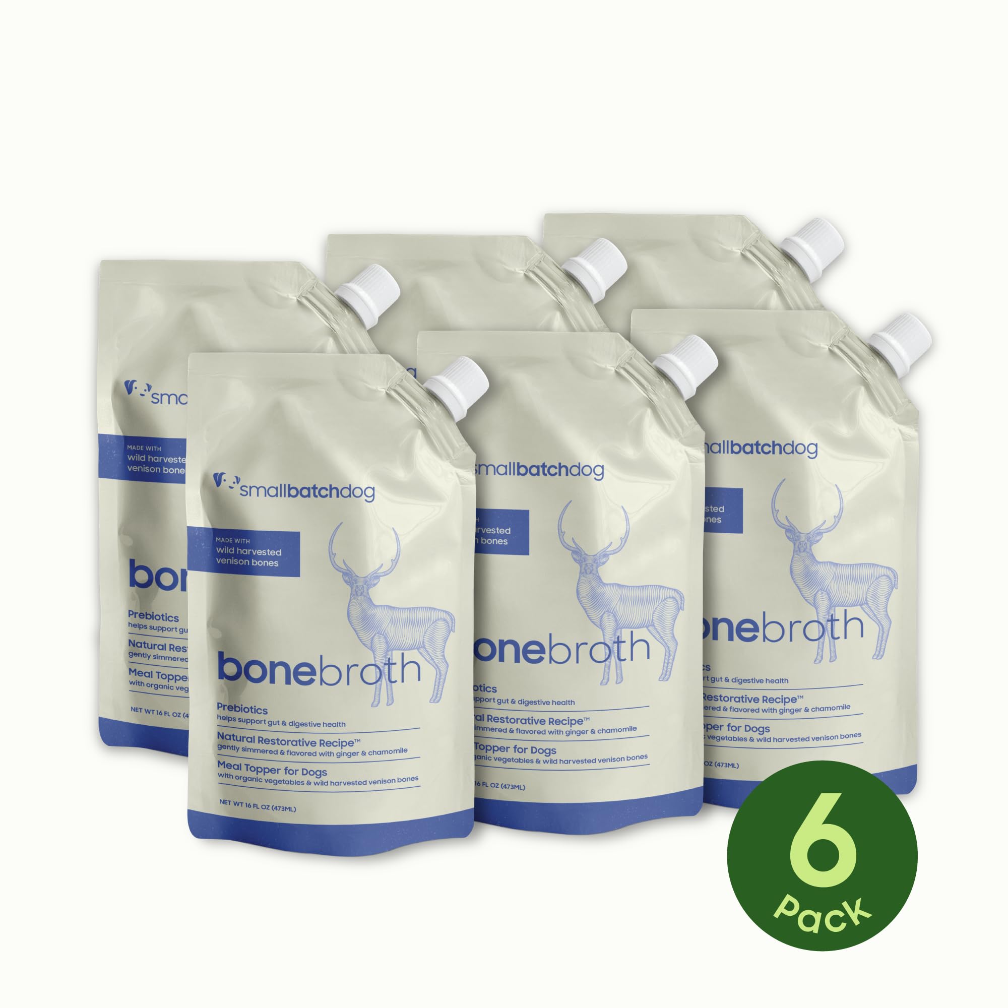 Smallbatch Pets bone broth venison shelf-stable pack conveys convenience for busy pet households.