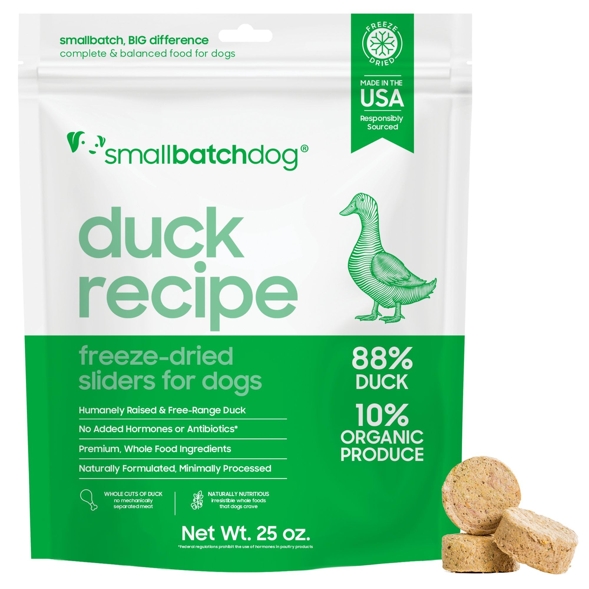 Smallbatch Pets duck recipe freeze-dried bag front view highlights single-protein nutrition