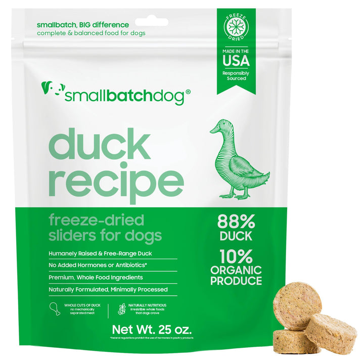 Smallbatch Pets duck recipe freeze-dried bag front view highlights single-protein nutrition