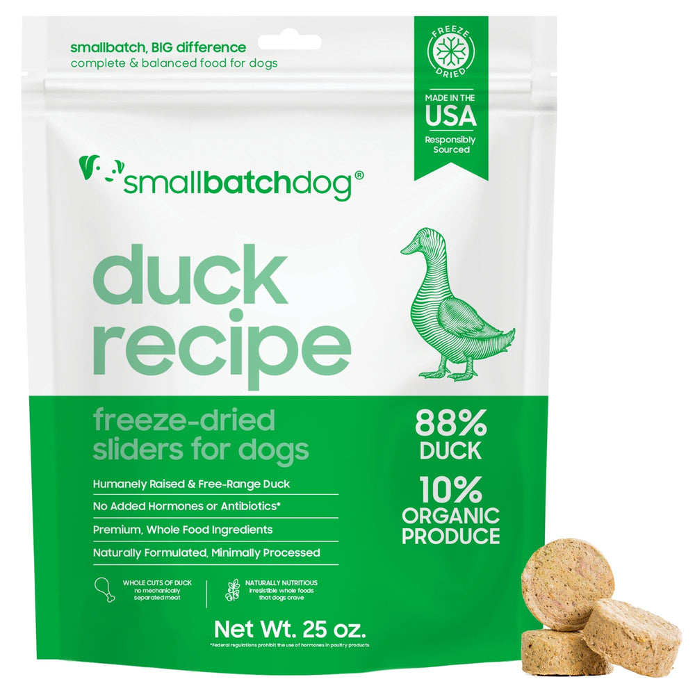 Smallbatch Pets duck recipe freeze-dried bag front view highlights single-protein nutrition