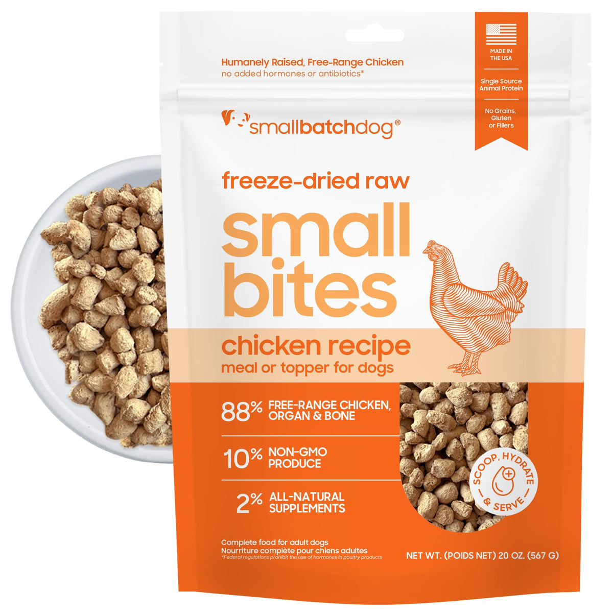 Smallbatch Pets freeze-dried chicken recipe bag displaying premium raw nutrition for dogs.