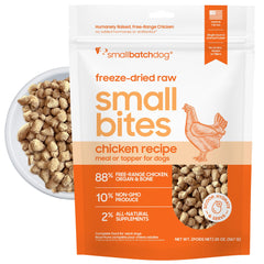 Smallbatch Pets freeze-dried chicken recipe bag displaying premium raw nutrition for dogs.