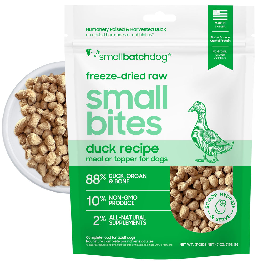Smallbatch Pets freeze-dried duck bites in a 7oz bag for quick, complete meals.