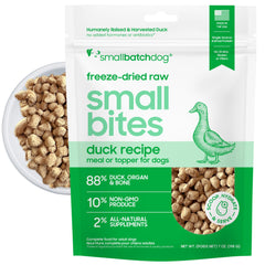 Smallbatch Pets freeze-dried duck bites in a 7oz bag for quick, complete meals.