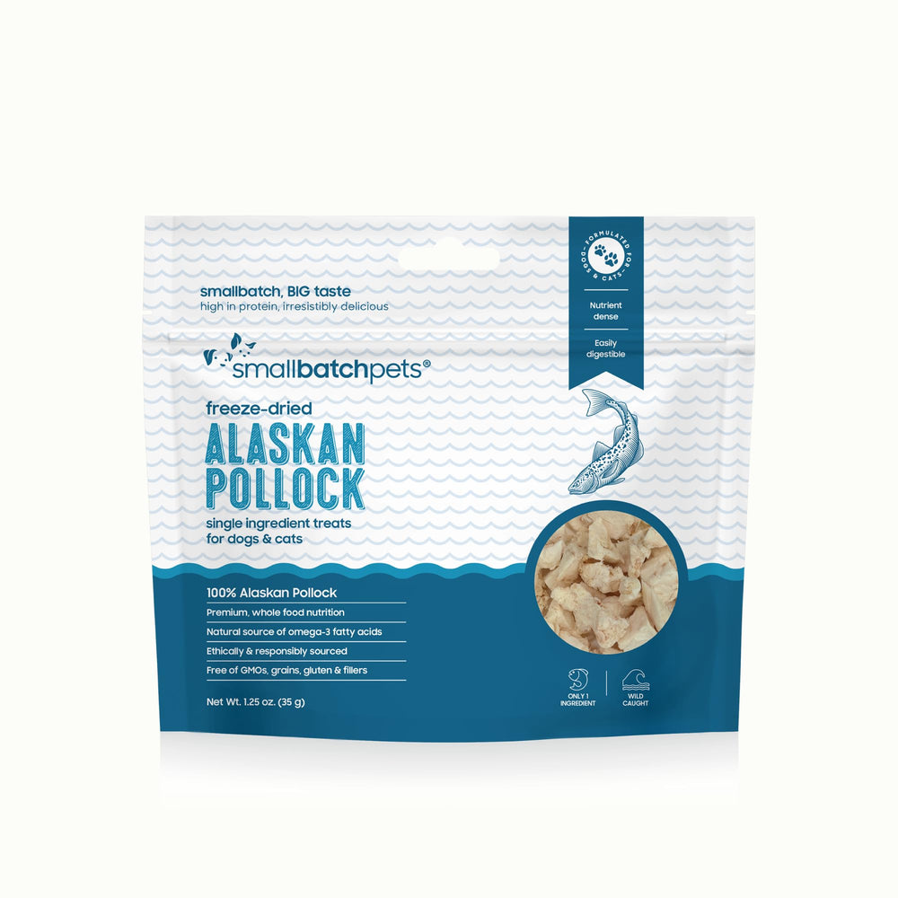 Smallbatch Pets Alaskan Pollock freeze-dried treat close-up showing crisp texture and protein.