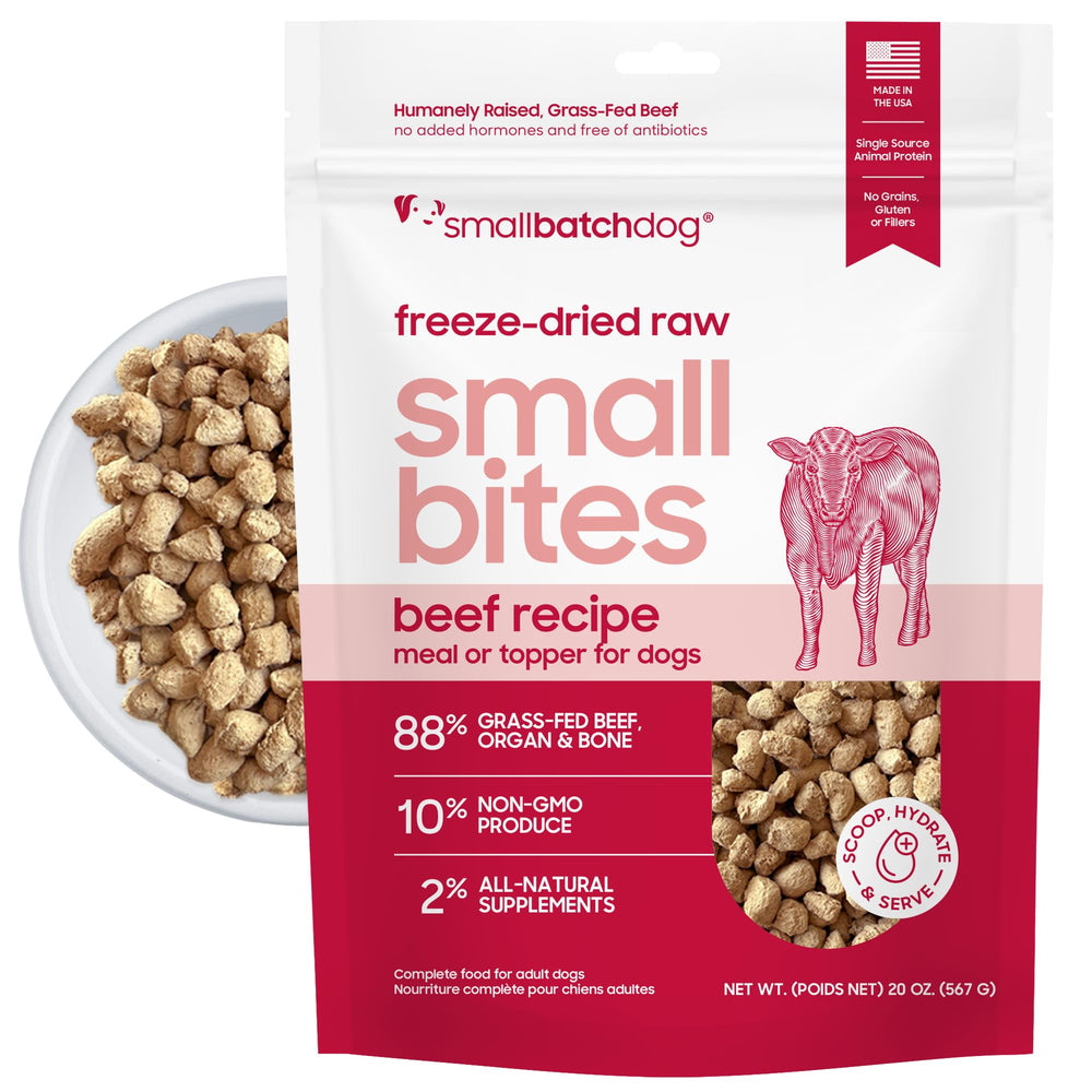 Smallbatch Pets freeze-dried raw beef bites for a savory snack and training rewards.