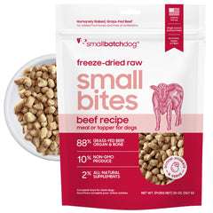 Smallbatch Pets freeze-dried raw beef bites for a savory snack and training rewards.