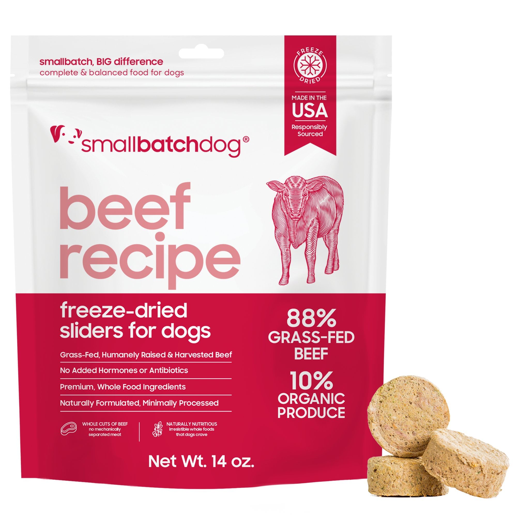 Smallbatch Pets freeze-dried beef recipe bag ready for rehydration and feeding.
