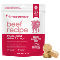 Smallbatch Pets freeze-dried beef recipe bag ready for rehydration and feeding.
