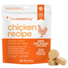 Smallbatch Pets freeze-dried chicken patties ready to rehydrate for a quick high-protein meal